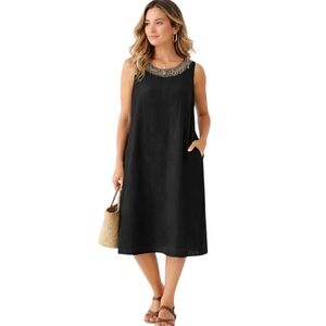 Lungo L'Arno Italian Linen Beaded Knee Length Dress Black Pockets Sz 2X *Flaw